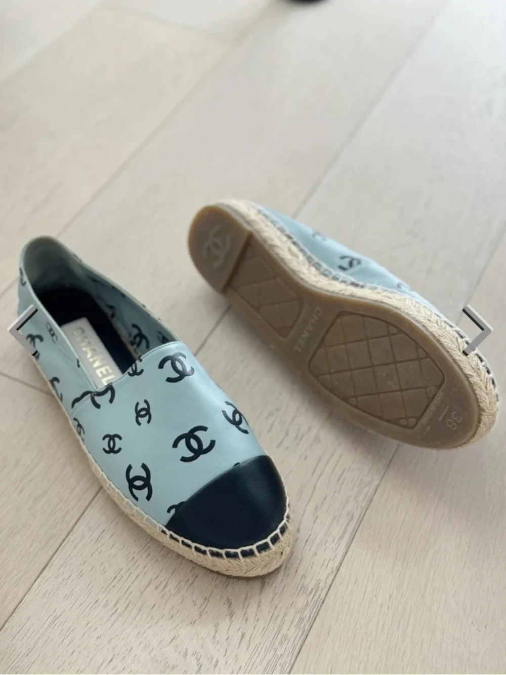 CHANEL Light Blue Logo Espadrille Flats with Black Cap Toe - Picture 3 of 3